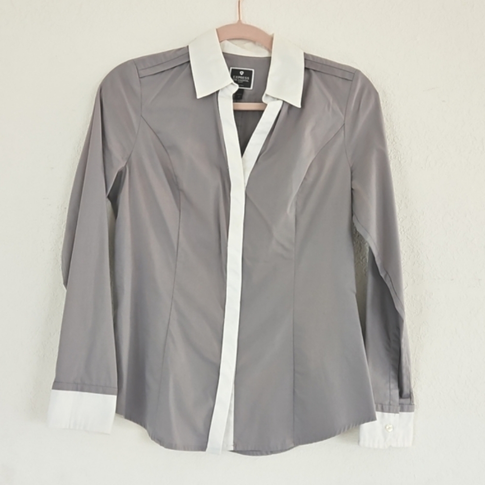 NWOT Express Gray Button Down Shirt Essential Modern White Collar Dress Shirt